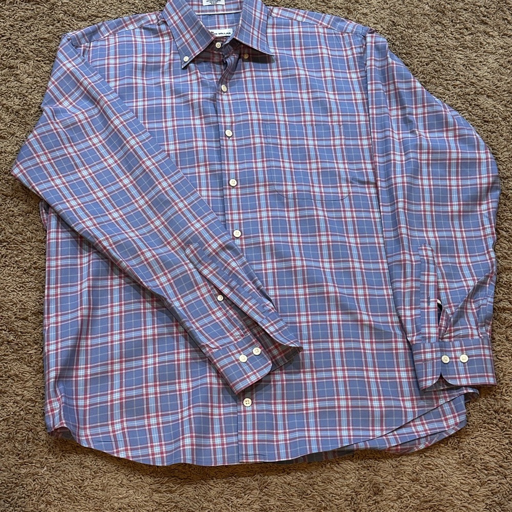 Peter Millar Men's Casual Plaid Shirt in Blue and Red - Picture 2 of 4